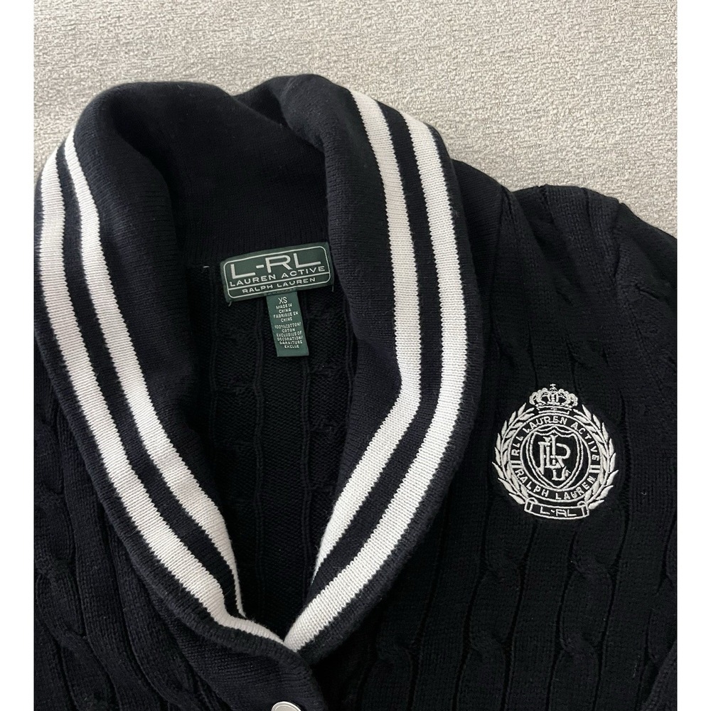 Lauren Ralph Lauren Active Cardigan Blk Varsity Cable Knit Shawl Collar Size XS - Picture 3 of 14